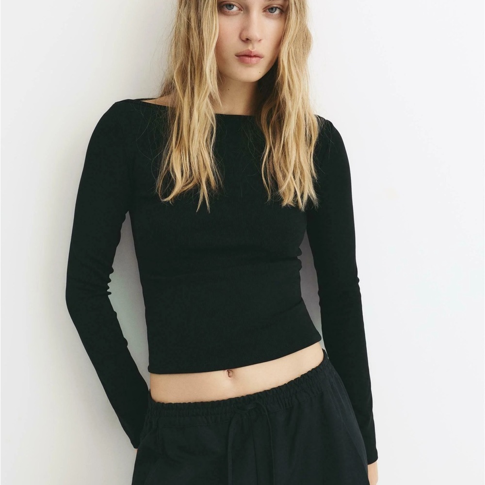 Pull & Bear Black Basic Ribbed Lettuce Hem Long S… - image 2